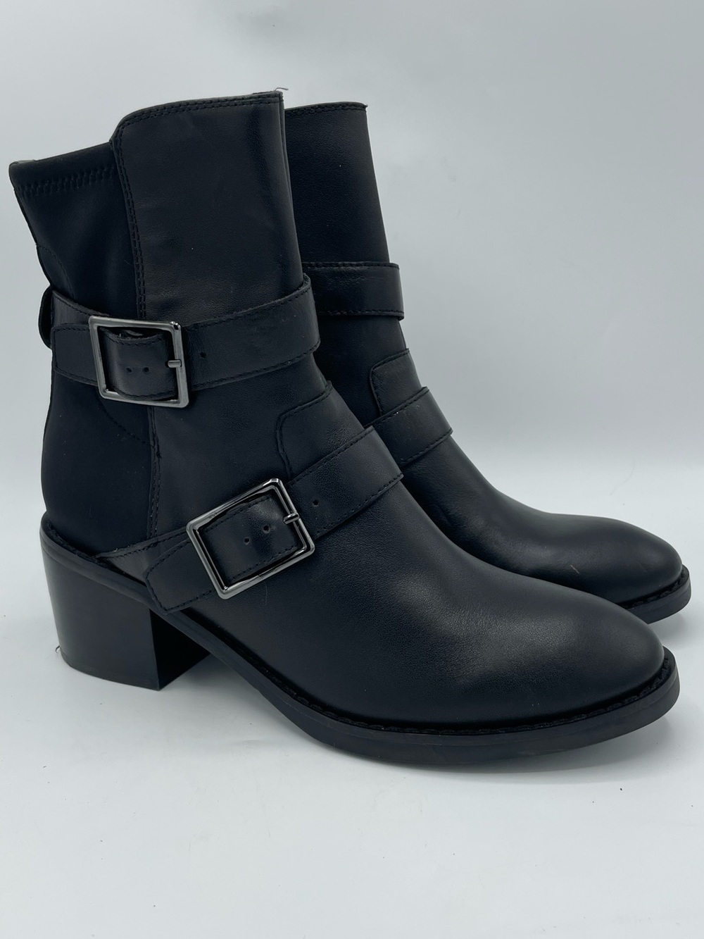 Donald Pliner “Darby” Black Dual Buckle Strap Leather Ankle Boots.